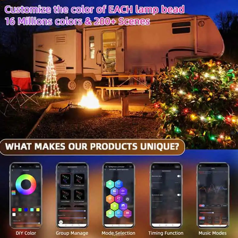 RV with Christmas lights and text about customizable lamp bead colors and features.