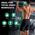 Man using a green resistance band for total body workouts in a gym setting.