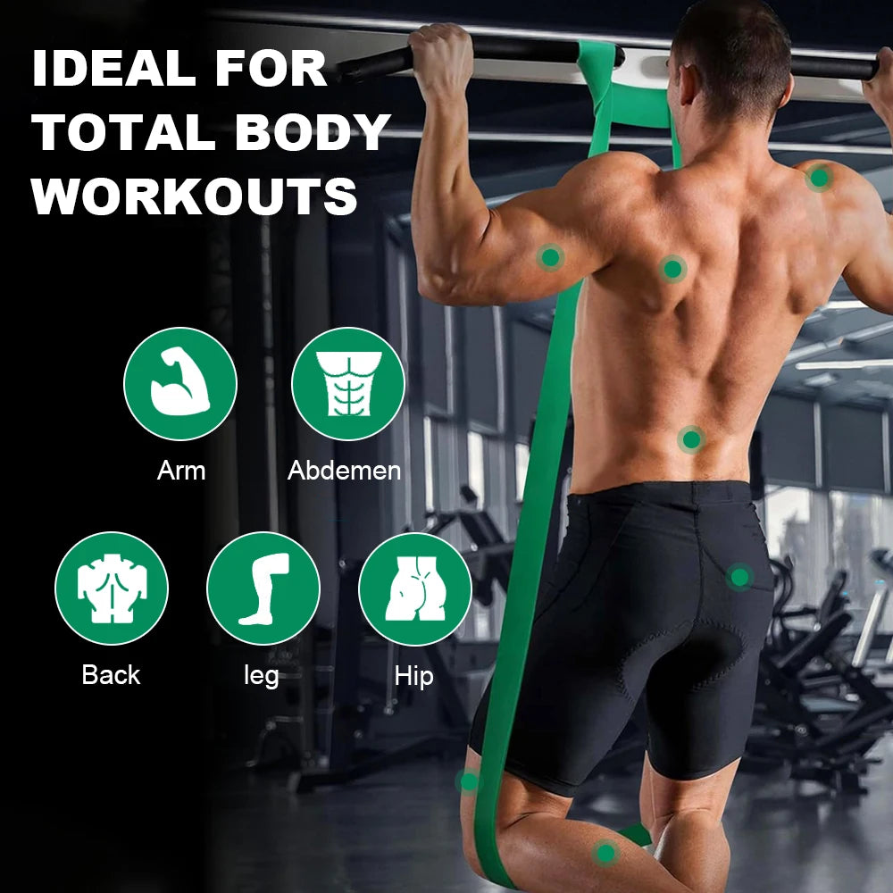 Man using a green resistance band for total body workouts in a gym setting.