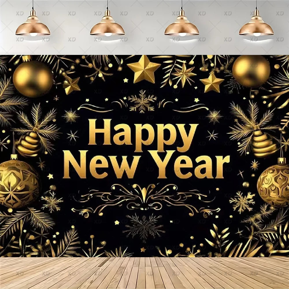 A festive New Year backdrop featuring a black background decorated with gold stars, ornaments, pine branches, and the words 'Happy New Year' in large gold lettering. The scene includes a light wood floor and hanging pendant lights above.