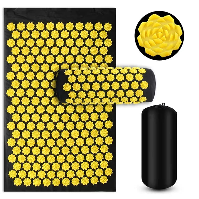 Acupressure mat with yellow flower-shaped nodes and a black carrying bag on a white background.