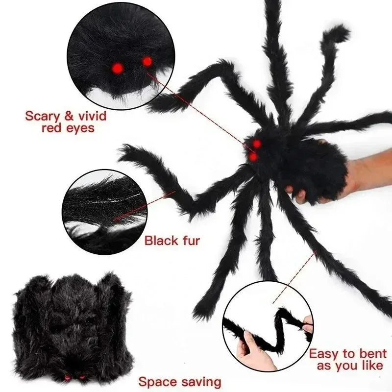 Black spider toy with red eyes, black fur, and flexible legs on a white background.
