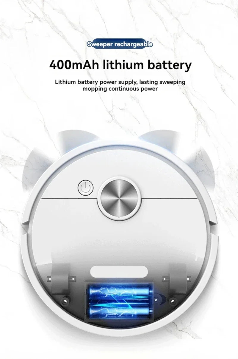 Robotic vacuum cleaner with 400mAh lithium battery on a white background