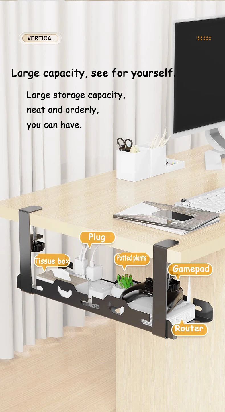 Wall-mounted desk organizer with various compartments and a computer setup.