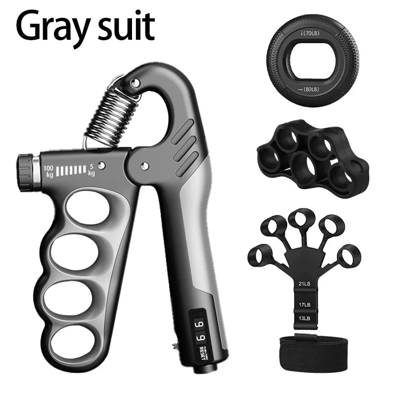 Hand grip strengthener with accessories on a white background