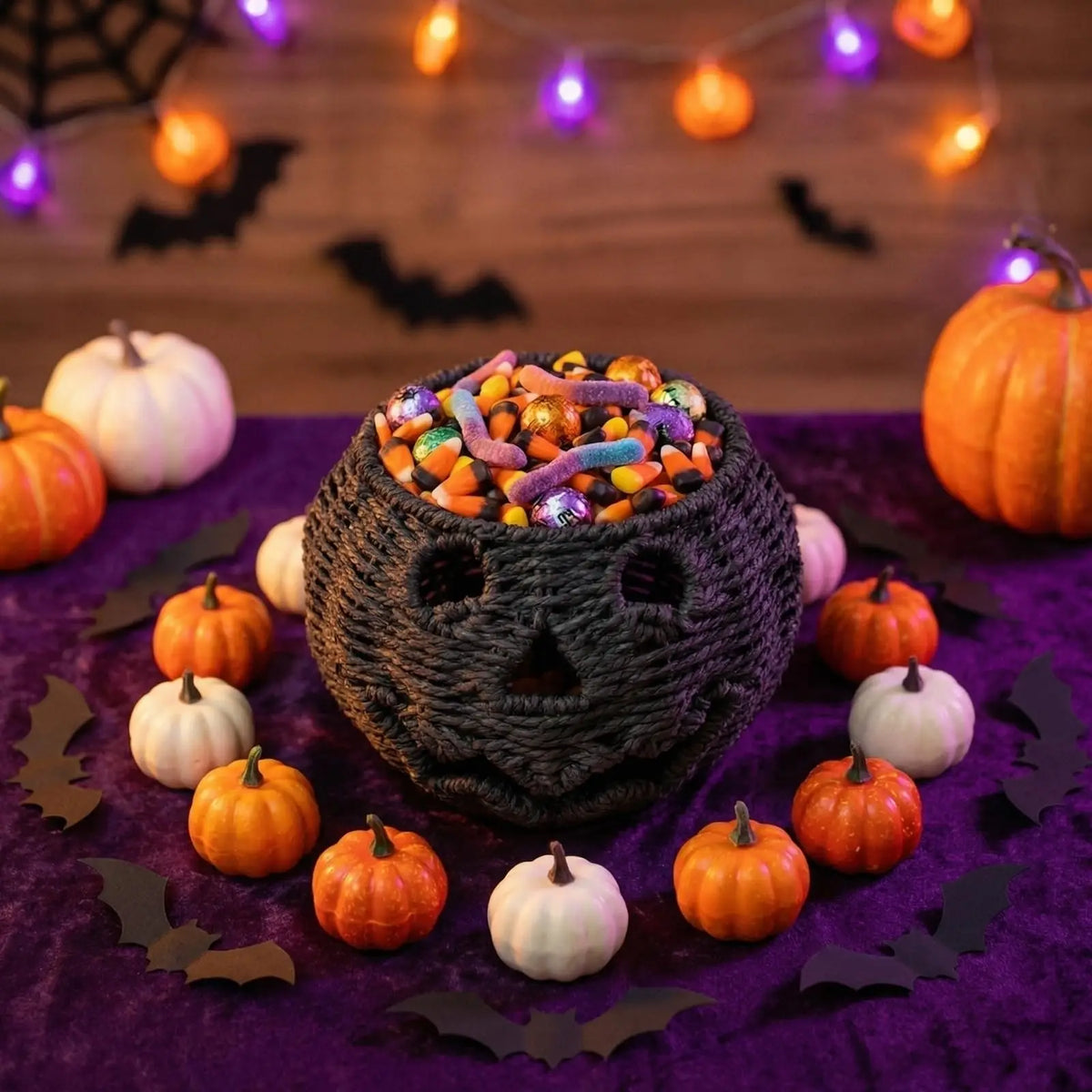 A Halloween-themed black yarn pumpkin bucket filled with assorted candy, surrounded by small pumpkins, bat cutouts, and purple string lights on a wooden surface.