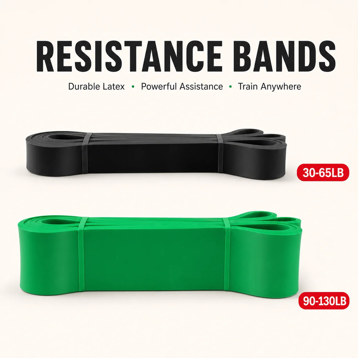 Two resistance bands, one black and one green, on a white background with text above them.