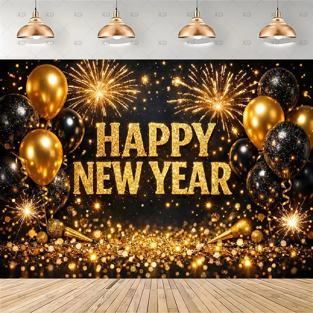 A New Year's Eve party backdrop featuring 'HAPPY NEW YEAR' in glittery gold letters, surrounded by gold and black balloons, fireworks, sparklers, and gold bokeh lights on a black background, with a wooden floor and hanging pendant lights shown above.