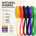 Set of natural rubber resistance bands in various colors with specifications on a light background.