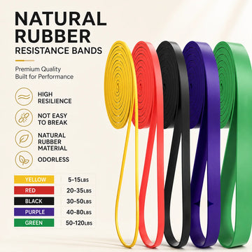 Set of natural rubber resistance bands in various colors with specifications on a light background.