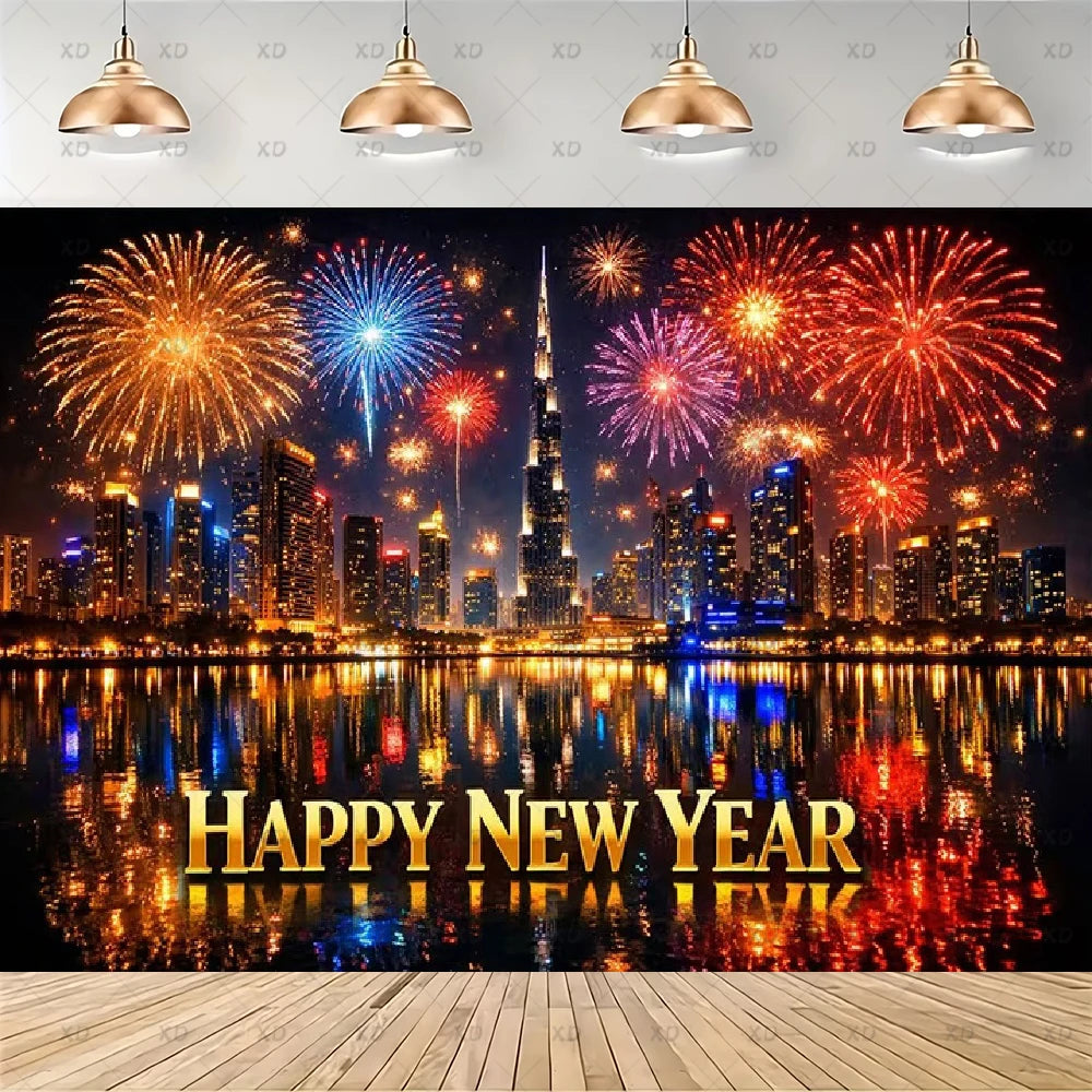 A New Year's Eve themed photography backdrop featuring a Dubai skyline at night with fireworks, water reflections, and 'HAPPY NEW YEAR' text, shown hanging in a room mockup with pendant lights and a wooden floor.