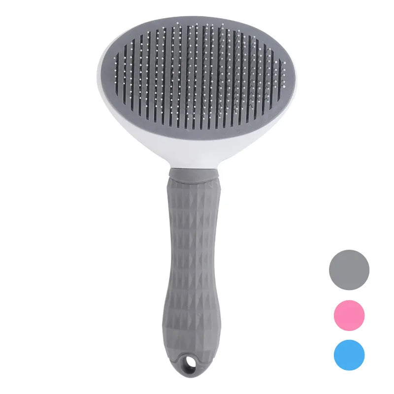 Gray pet grooming brush on a white background with color swatches.