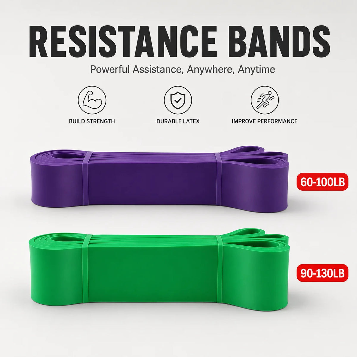 Purple and green resistance bands with text on a white background