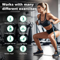 Woman exercising with resistance bands in a gym setting, with icons and text about various exercises.