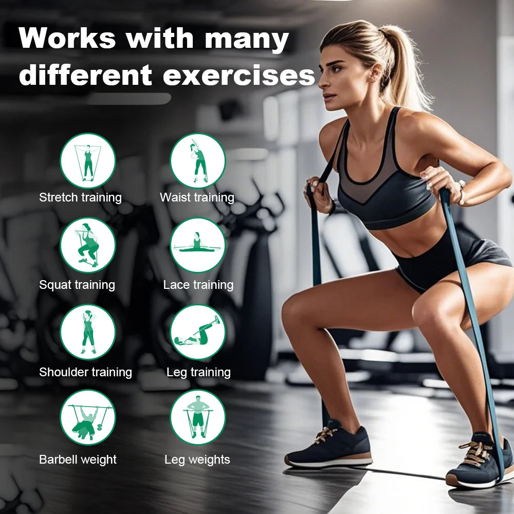 Woman exercising with resistance bands in a gym setting, with icons and text about various exercises.