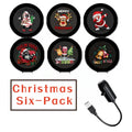 Christmas-themed coasters with cartoon characters and text, along with a USB cable on a white background.