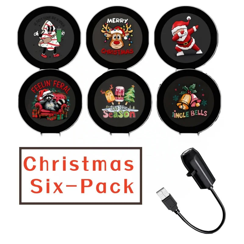 Christmas-themed coasters with cartoon characters and text, along with a USB cable on a white background.