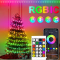Decorated Christmas tree with RGBIC lights, remote control, and smartphone app on a colorful gradient background.
