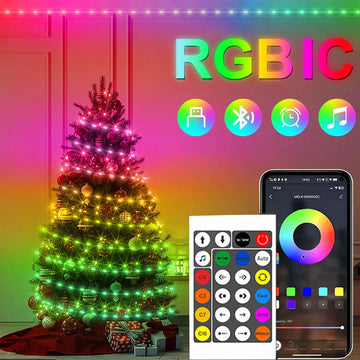 Decorated Christmas tree with RGBIC lights, remote control, and smartphone app on a colorful gradient background.