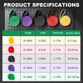 Product specifications chart with colorful resistance bands on a pegboard background