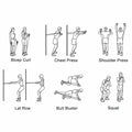 Illustrations of various bodyweight exercises on a white background