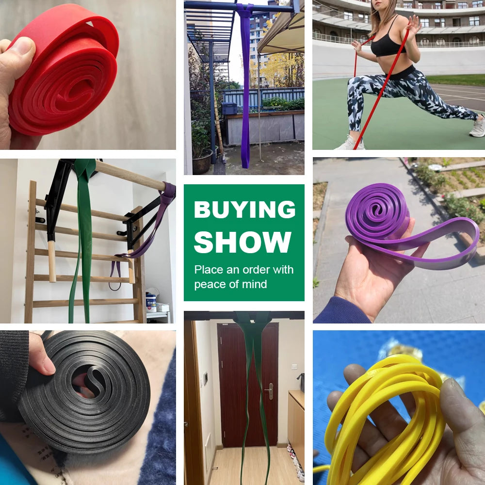 Collage of resistance bands in various colors and settings, with a 'Buying Show' text overlay.