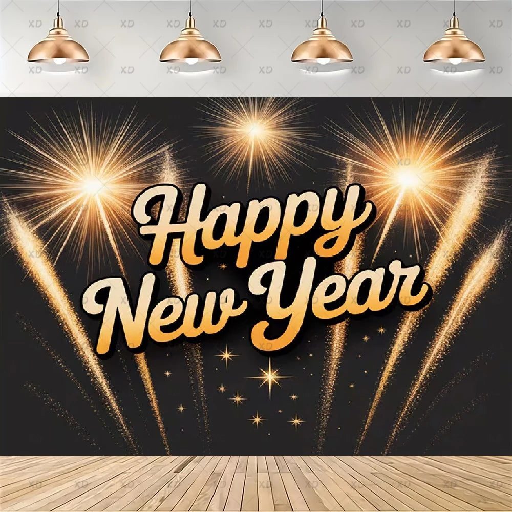 A New Year's Eve party backdrop banner featuring the text 'Happy New Year' in a gold 3D bubble font against a black background with golden fireworks and sparkles. The banner is shown hanging in a room mockup with four gold pendant lights on a gray wall above a wooden floor.