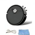 Robotic vacuum cleaner with charging cable and cleaning pad on a white background
