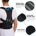Posture corrector with detailed features and a person wearing it.