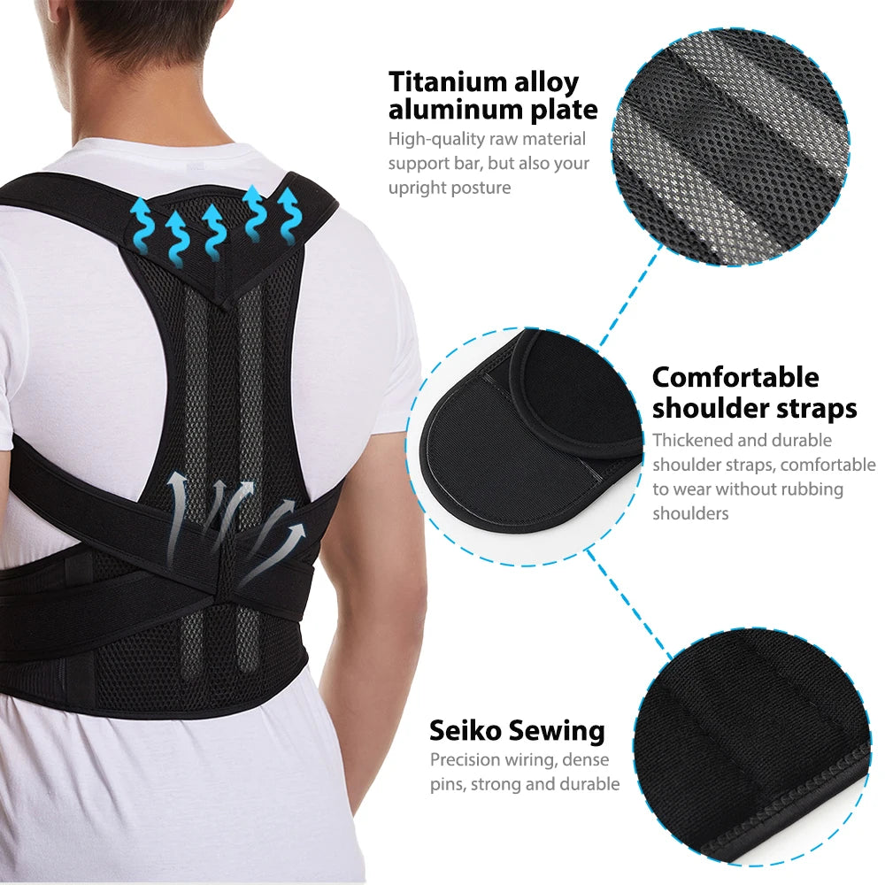 Posture corrector with detailed features and a person wearing it.