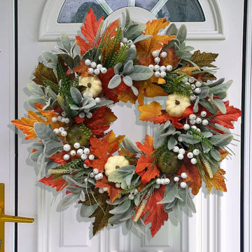 Thanksgiving Autumn Wreath Red Maple Leaf White Berry Mini‑Pumpkin Artificial Wreath Front Door Wall Hanging Home Festival Decor