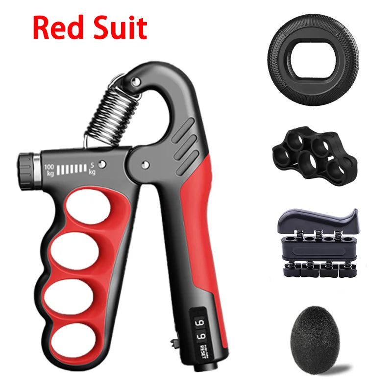 Hand grip strengthener with attachments on a white background