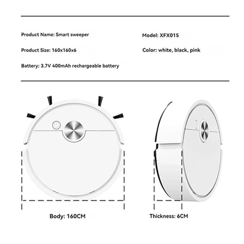 Smart sweeper product details with dimensions and color options on a white background