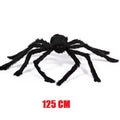 Large black spider toy with red eyes on a white background, labeled 125 CM.