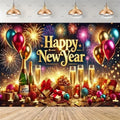 A festive New Year party backdrop featuring the words 'Happy New Year' in large gold lettering, with fireworks, balloons, champagne bottles, glasses, gifts, and ornaments arranged across the bottom. The scene is set against a dark background with warm golden light effects, and the top shows hanging pendant lights above a wooden floor.