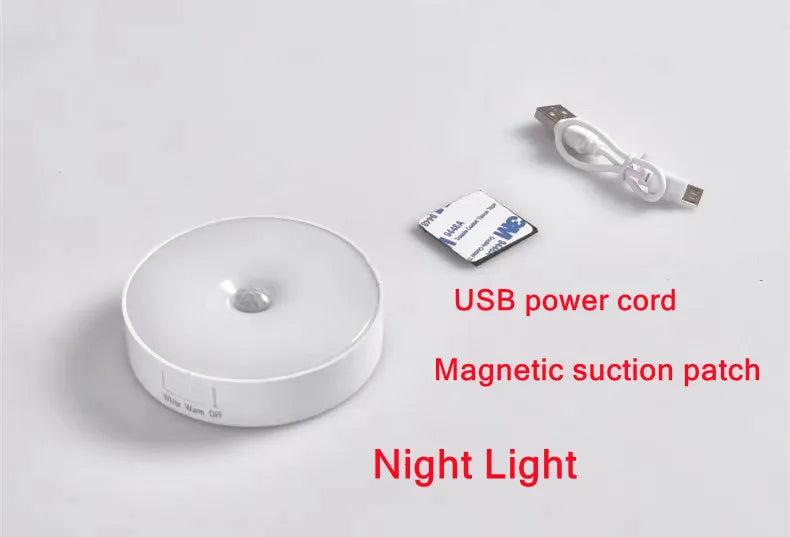 White night light with USB power cord, magnetic suction patch on a gray background