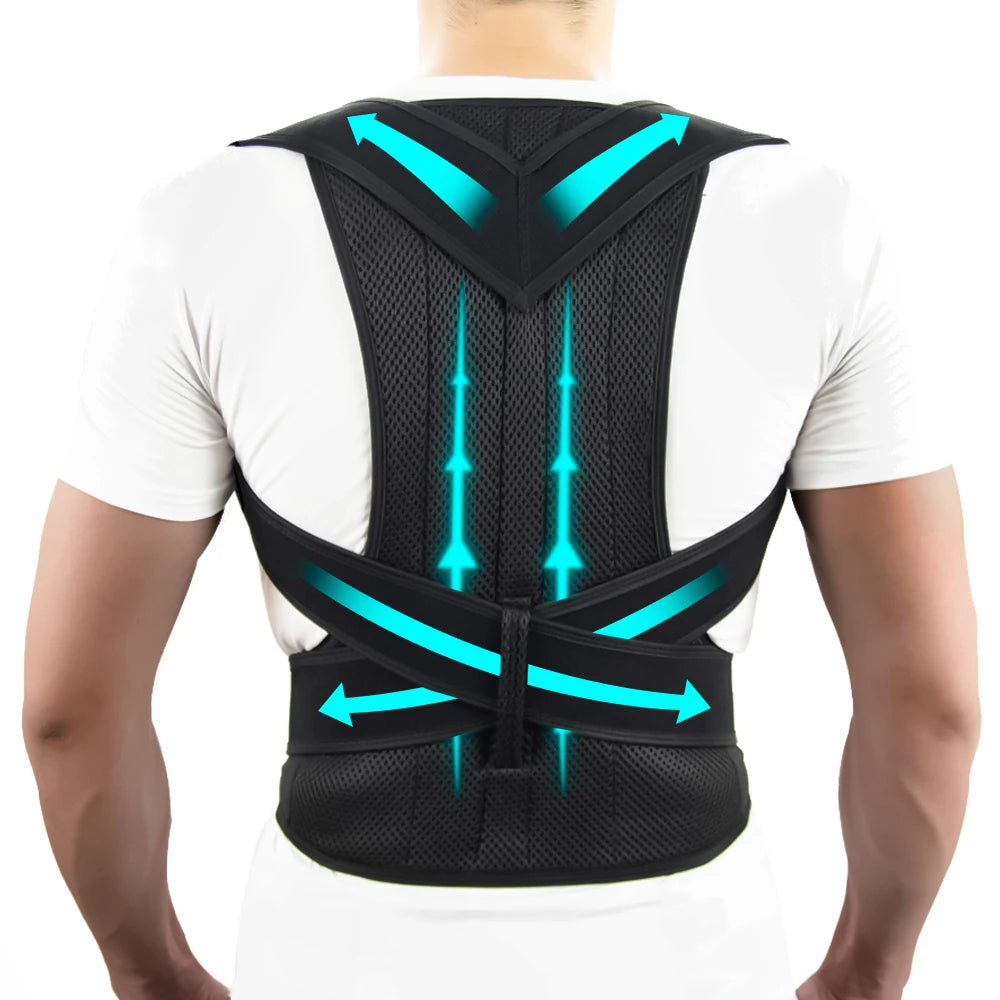 Black posture corrector with blue accents on a person wearing a white shirt.