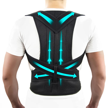 Black posture corrector with blue accents on a person wearing a white shirt.