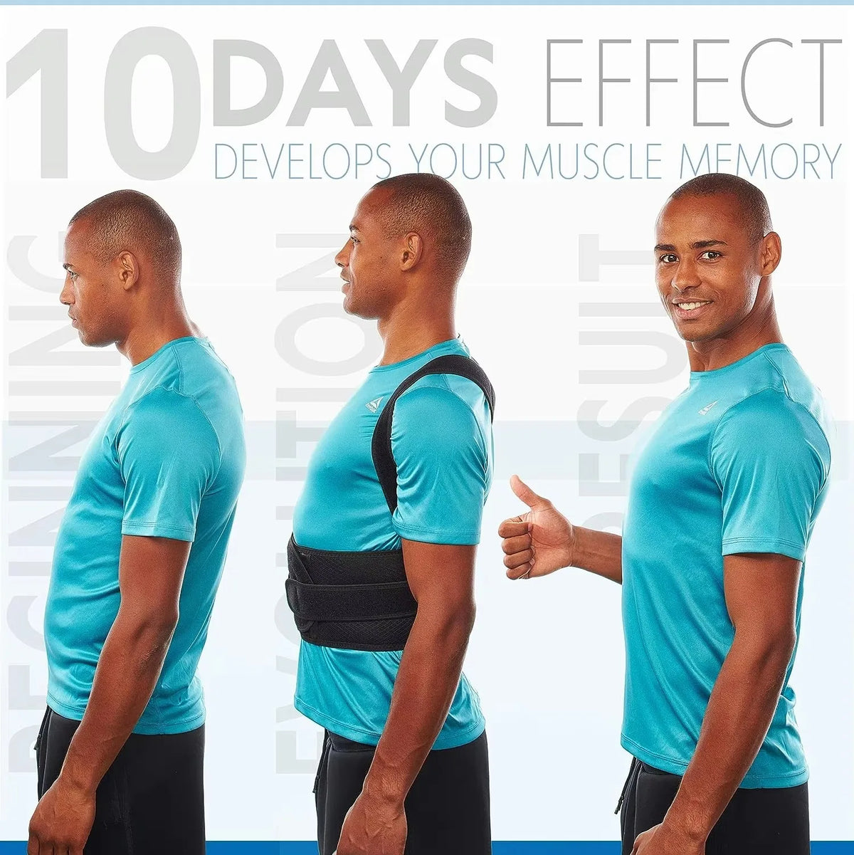 Man wearing a back brace with text about a '10 Days Effect' on muscle memory.