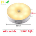Round night light with human motion sensor, switch, and warm light feature, shown with dimensions.