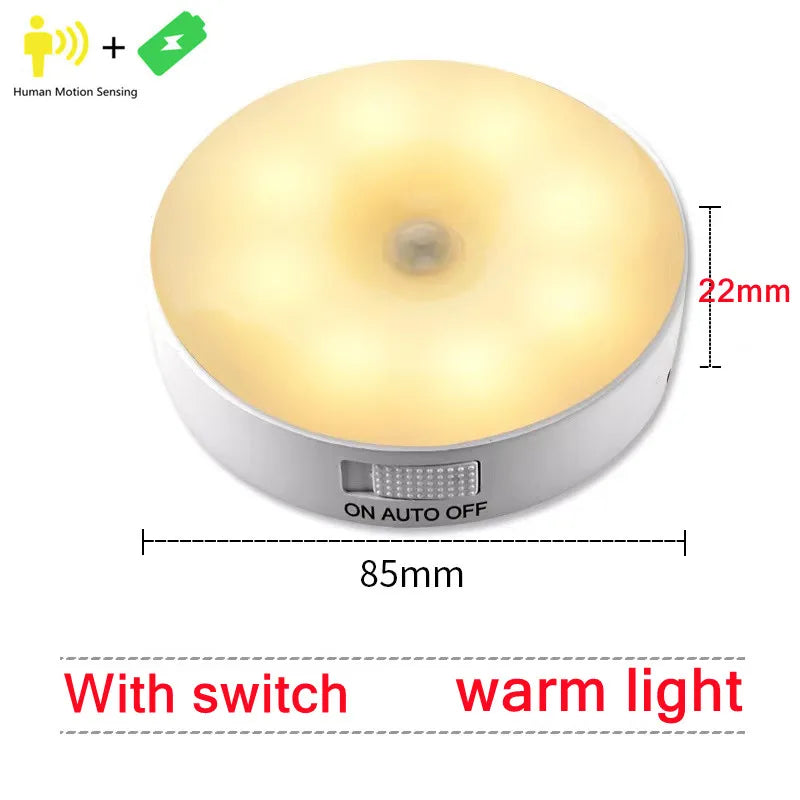 Round night light with human motion sensor, switch, and warm light feature, shown with dimensions.