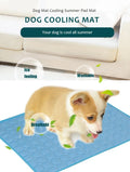 Dog cooling mat with a dog on it, labeled for features like ice feeling, washable, and breathable.