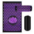 Purple acupressure mat with black handle and black cylindrical massager on a white background