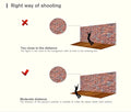 Illustration showing the right and wrong ways to shoot a scene with a person against a brick wall.