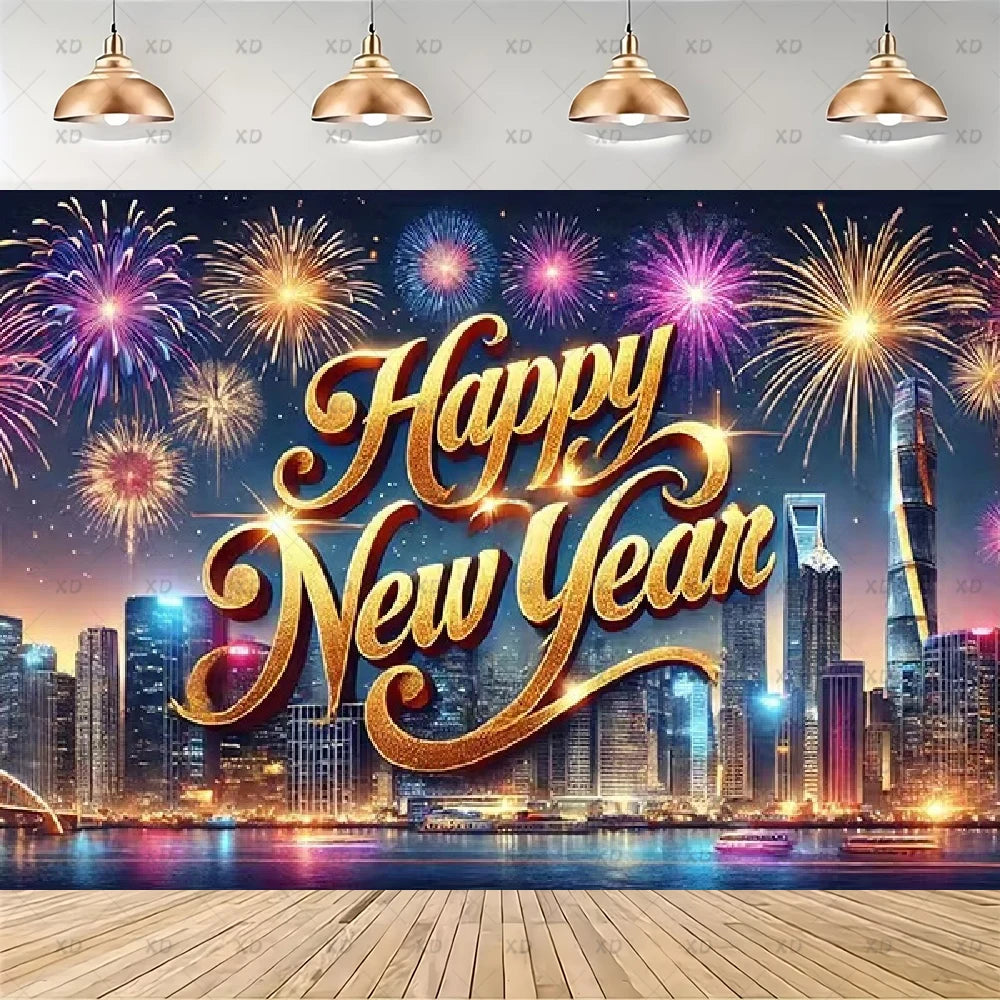 A New Year's Eve party backdrop banner featuring a vibrant city skyline at night with colorful fireworks exploding in the sky. The text 'Happy New Year' is written in a large, metallic gold cursive font in the center.