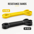 Two resistance bands, one yellow and one black, with weight ranges indicated on a white background.