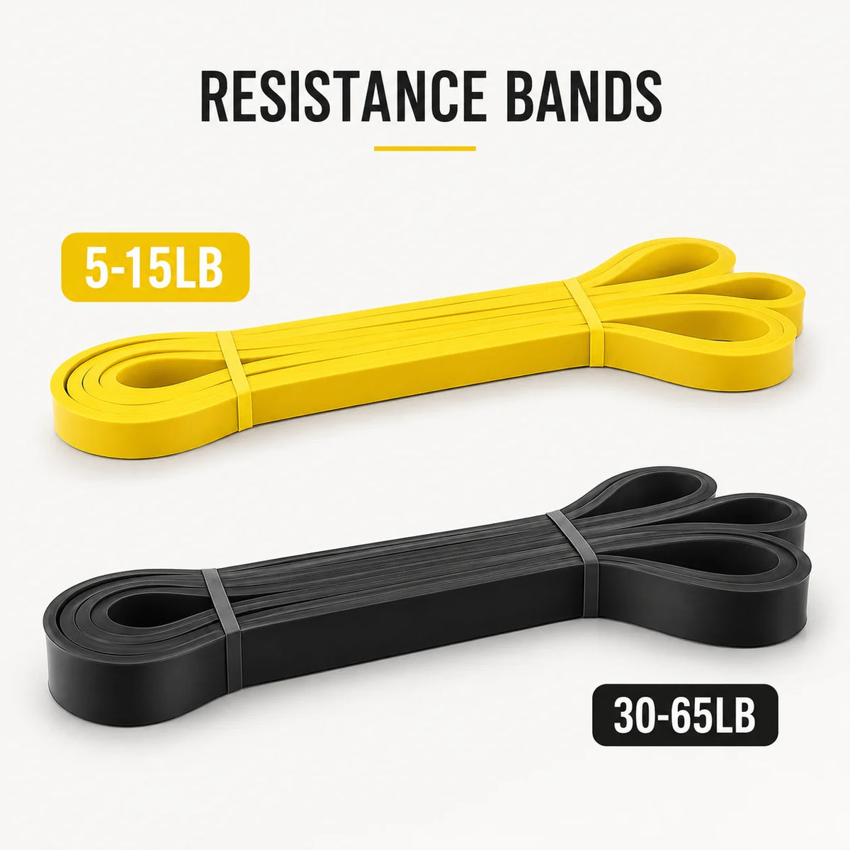 Two resistance bands, one yellow and one black, with weight ranges indicated on a white background.