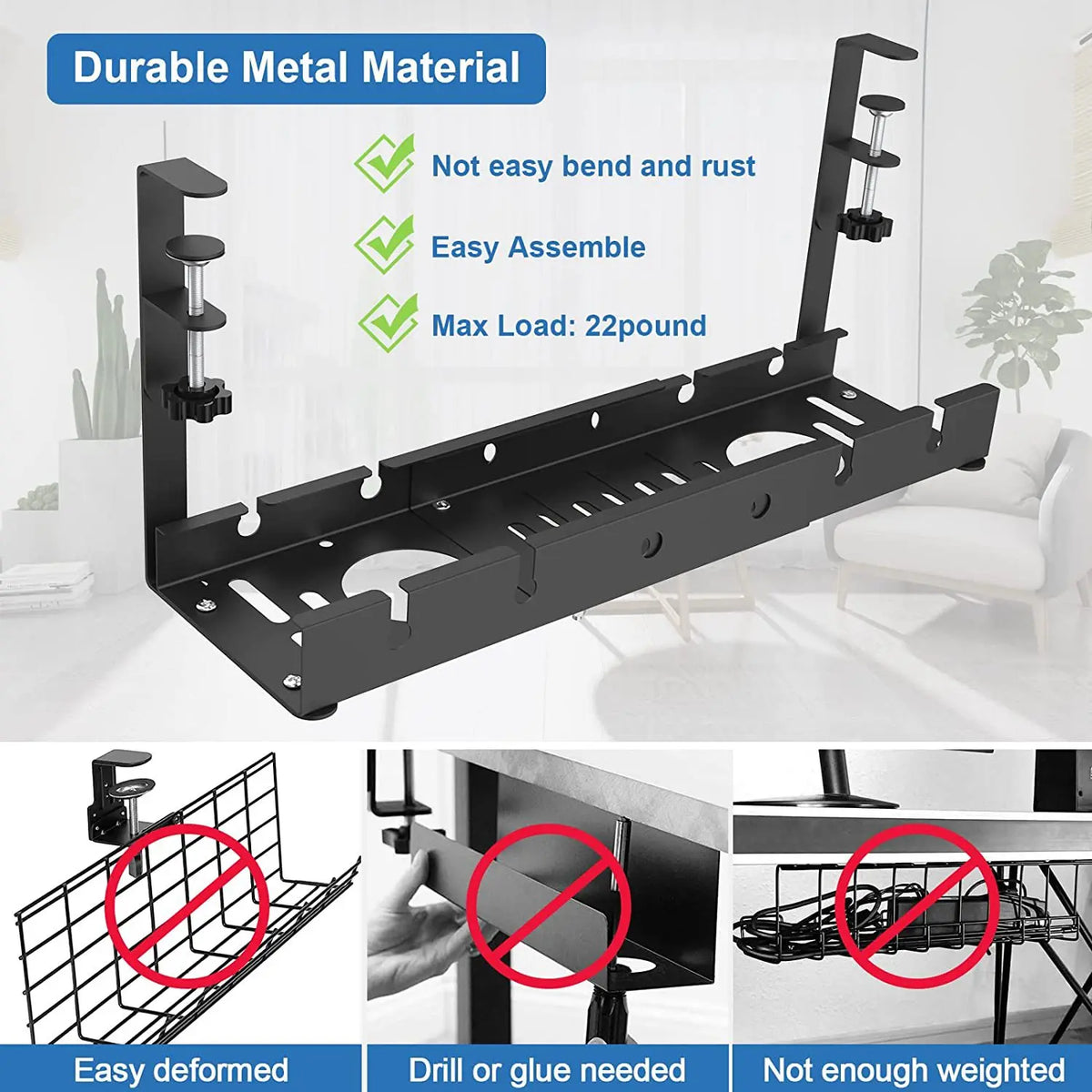 Black metal wall mount with durability features on a white background