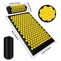 Acupressure mat with yellow nodes and black carrying bag, showing dimensions.