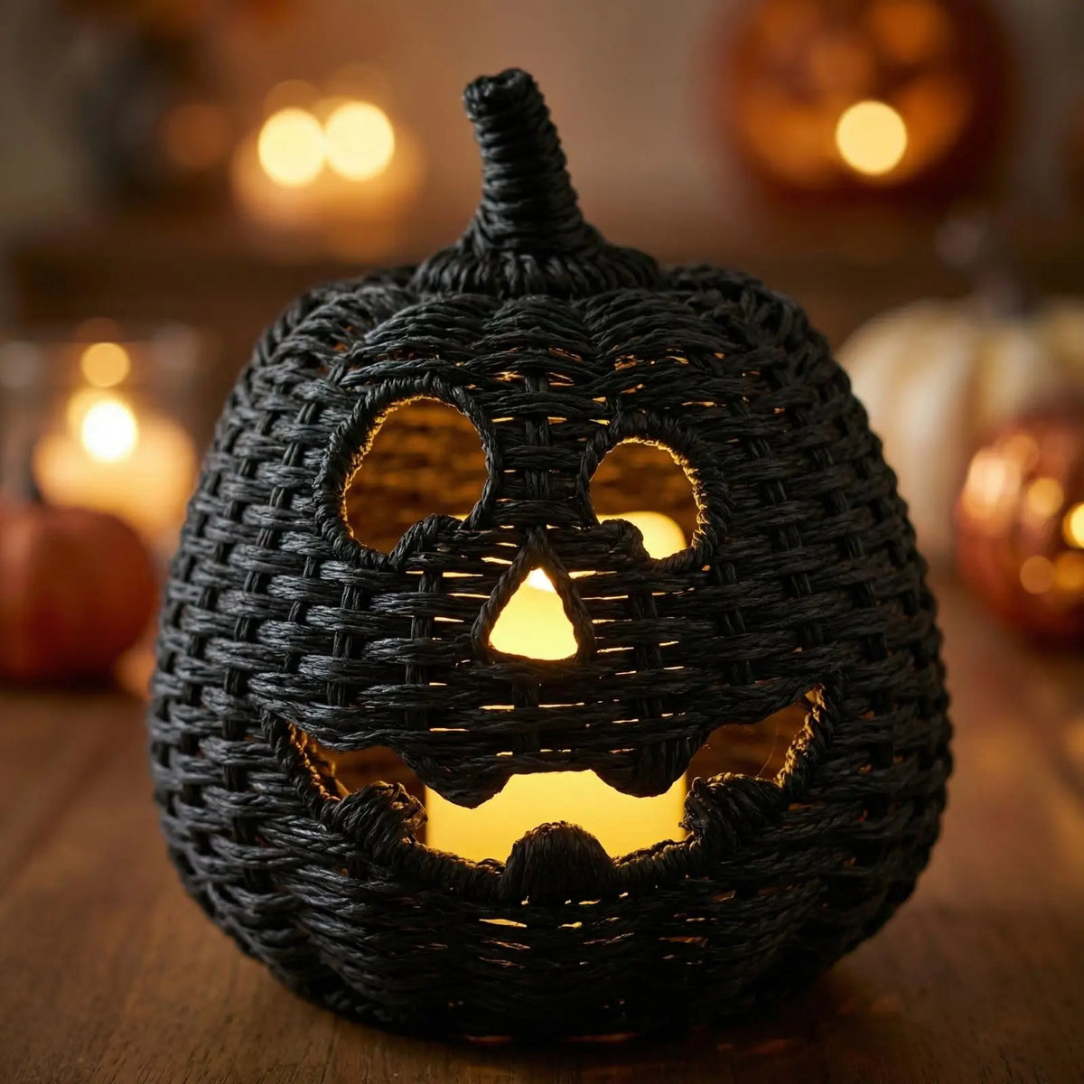 A black woven rattan jack-o'-lantern Halloween decoration with a lit warm yellow interior, shown on a wooden surface with blurred pumpkins and warm lights in the background.